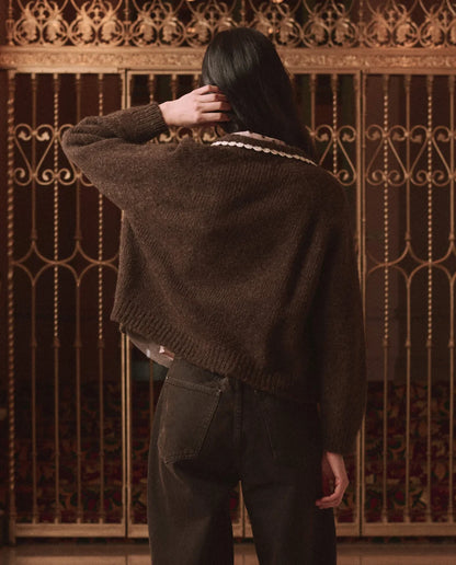 Crochet Collar Cardigan-Chocolate