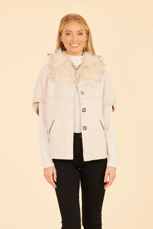 Faux Fur Collar Structured Cardigan - Creme