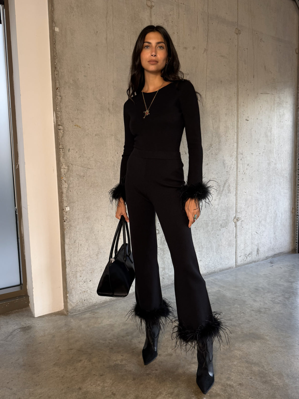 Black Feather Wide Leg Trousers