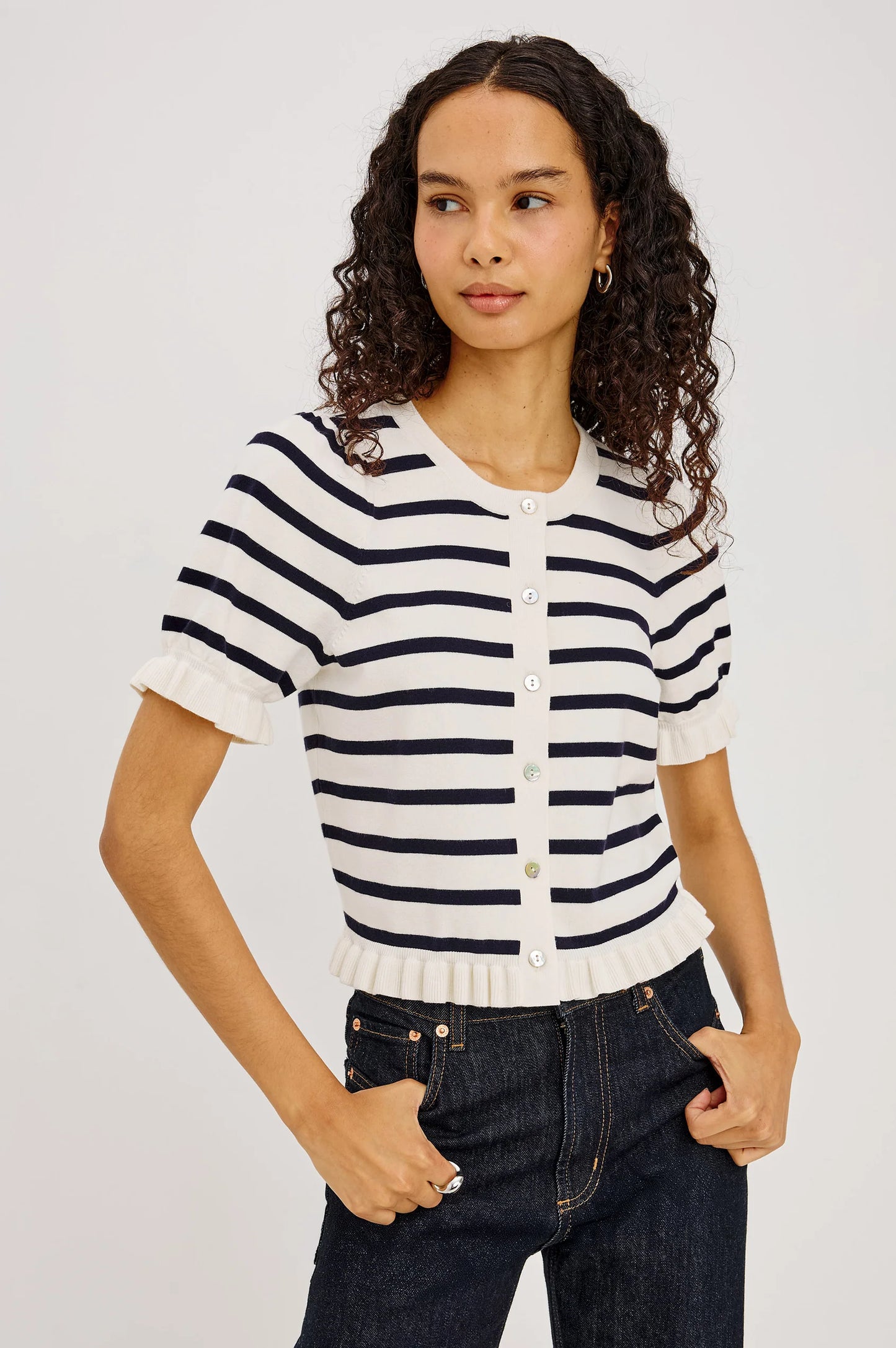 Lora Top - Ivory Navy Stripe