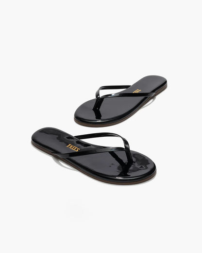 Lily Glosses Leather Flip Flops in Licorice