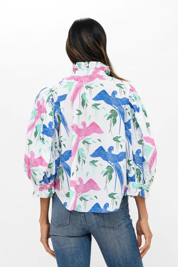 Ruffle Front Button Blouse - Macaw Blue