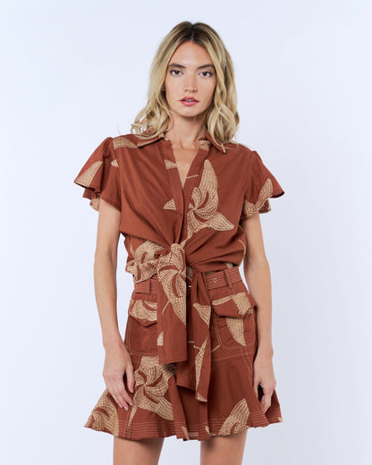 Renna Topstitch Button-Up Tie Front Top