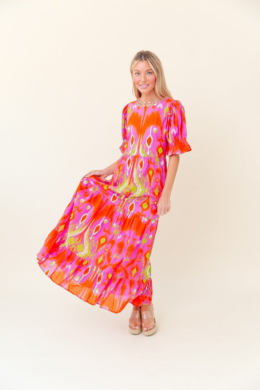 Michola Dress in Strawberry Limeade Ikat