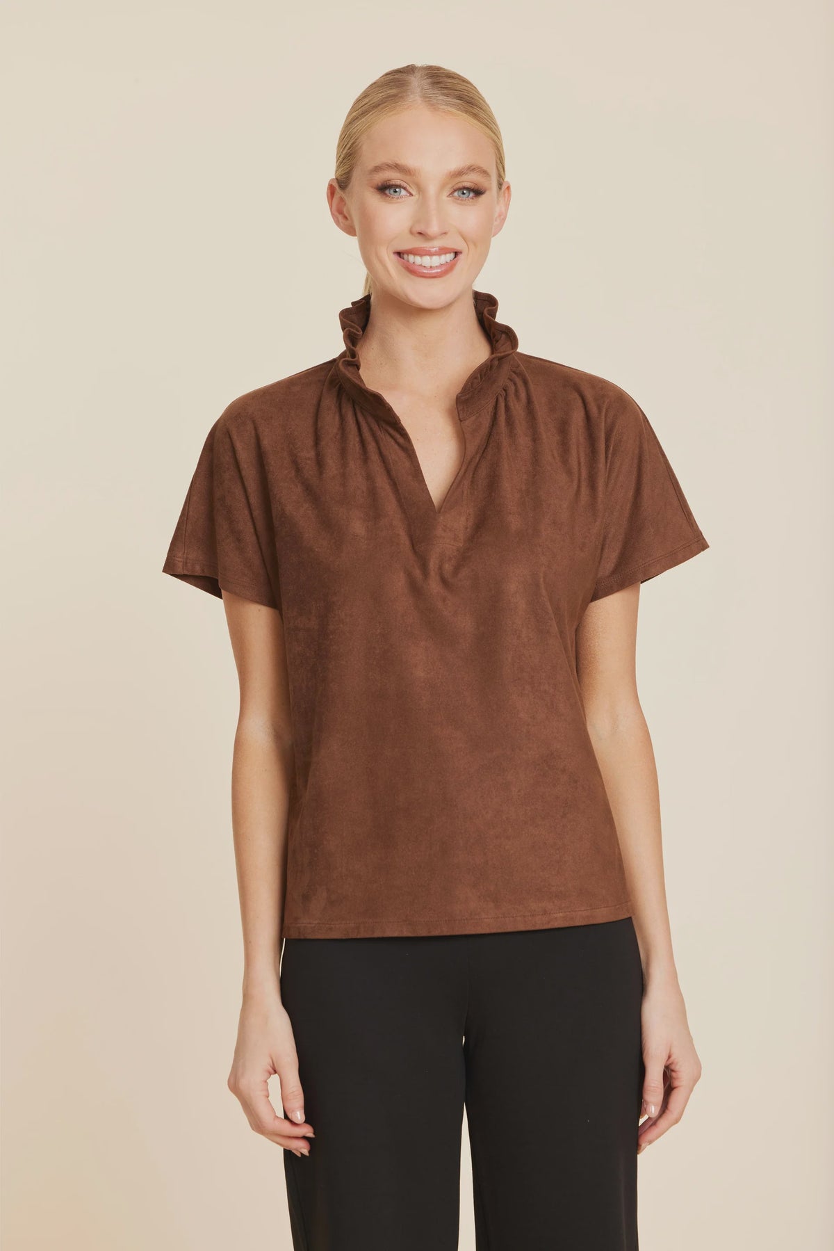 Faux Suede Ruffle Standup Collar V-Neck Top