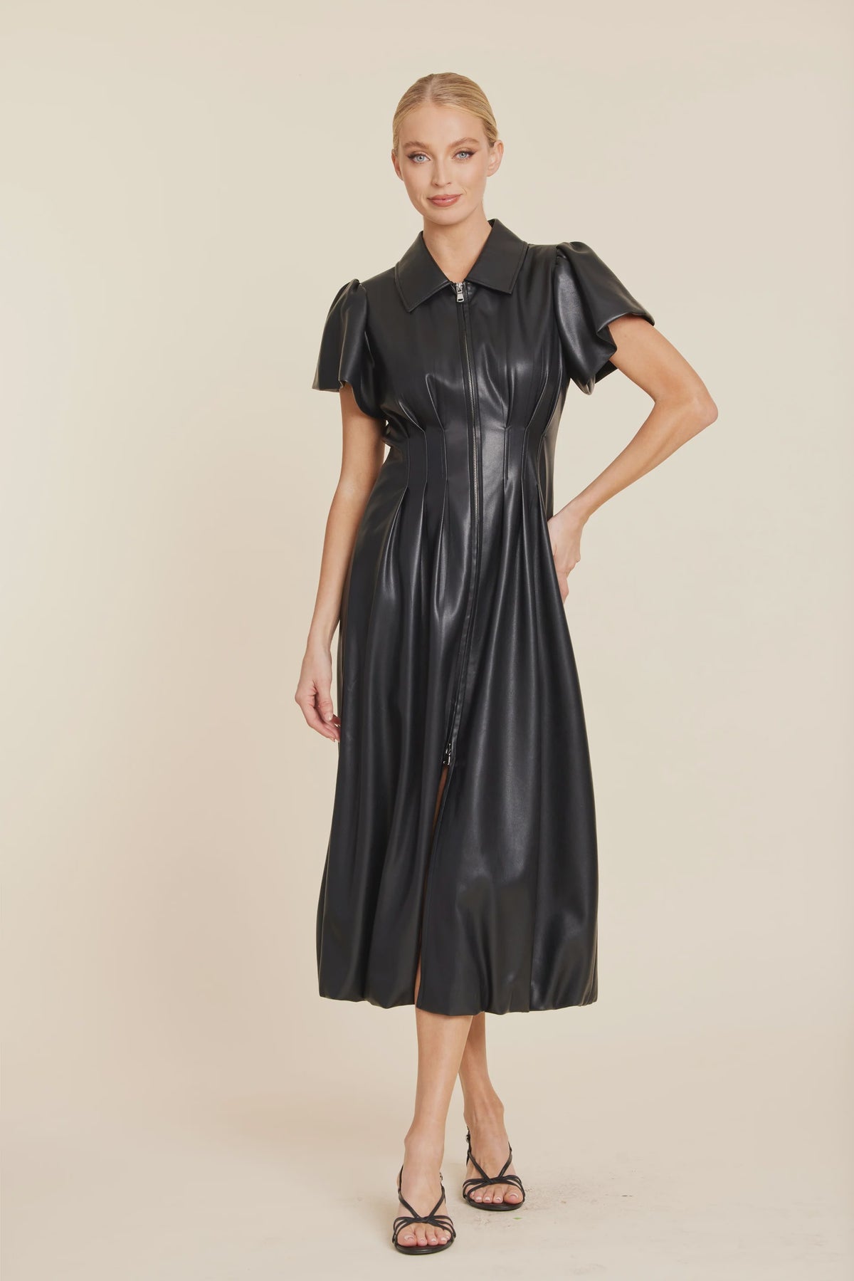Faux Leather Zip Midi Bubble Dress