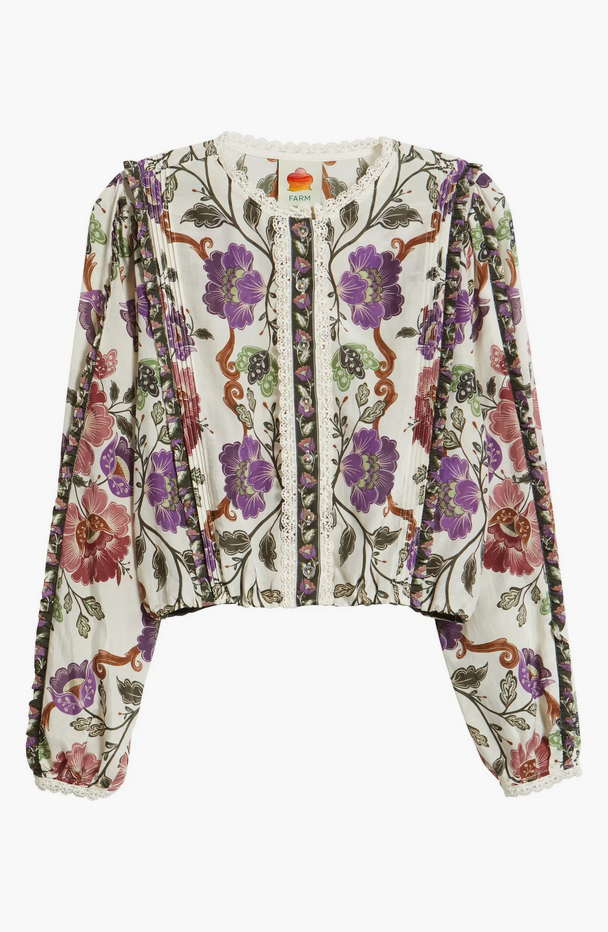 Rococo Floral Lace Trim Blouse-Cream