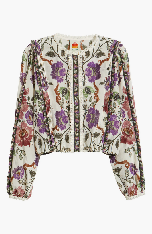 Rococo Floral Lace Trim Blouse-Cream