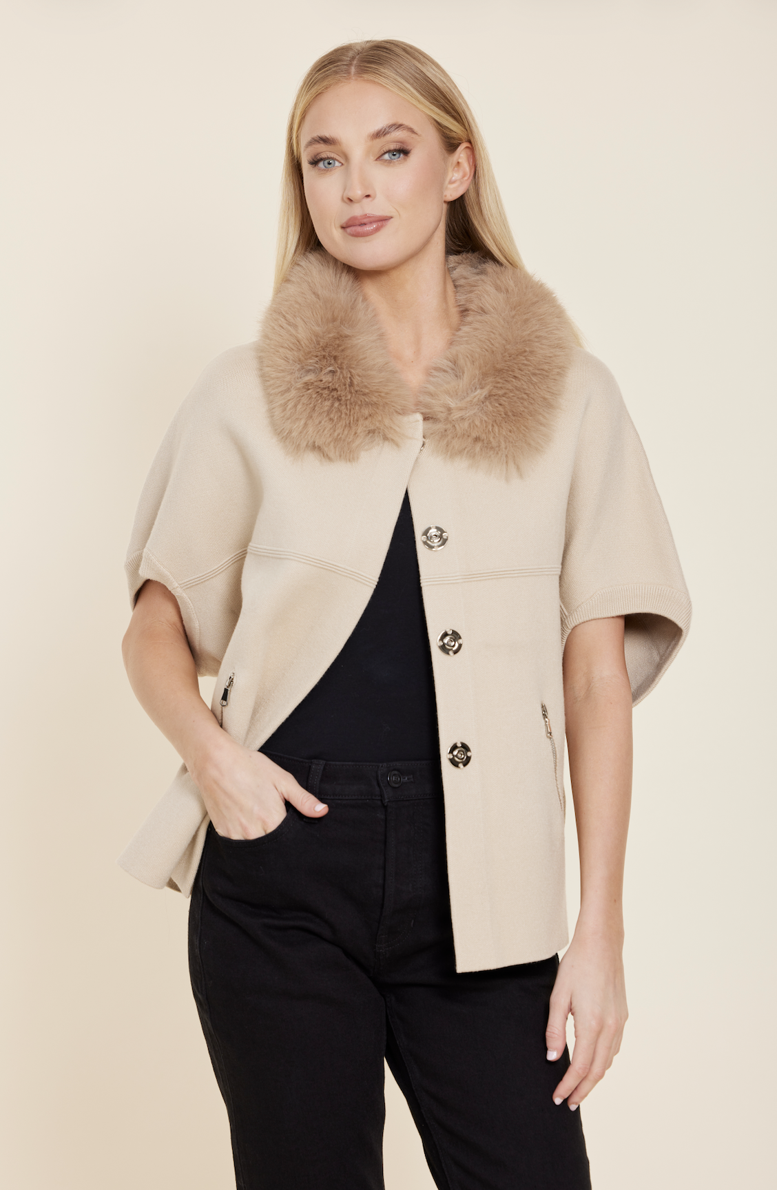 Faux Fur Trimmed Cocoon Cardigan - Wheat