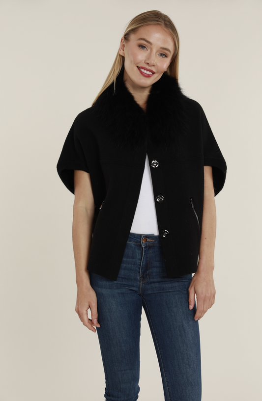 Faux Fur Trimmed Cocoon Cardigan - Black