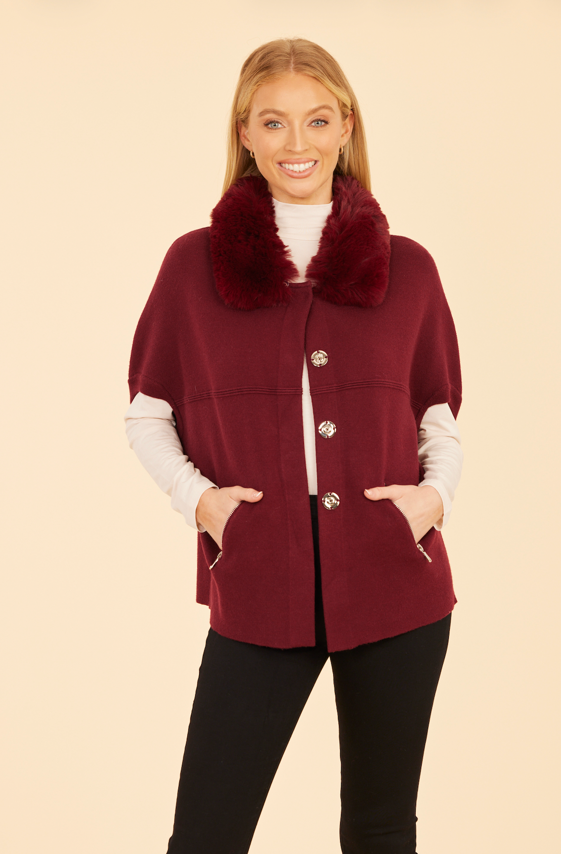 Faux Fur Trimmed Cocoon Cardigan - Maroon