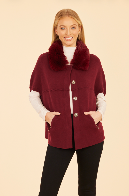 Faux Fur Trimmed Cocoon Cardigan - Maroon