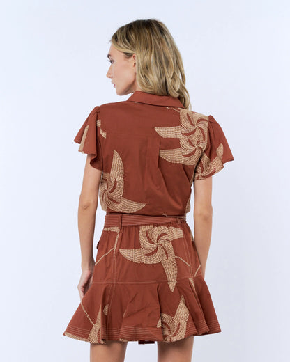 Renna Topstitch Button-Up Tie Front Top