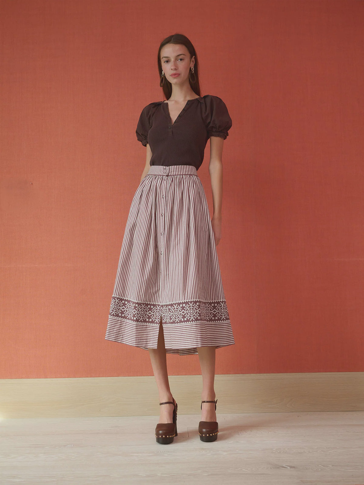 Colette Midi Skirt - Brown Stripe Embroidered