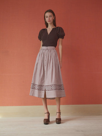 Colette Midi Skirt - Brown Stripe Embroidered