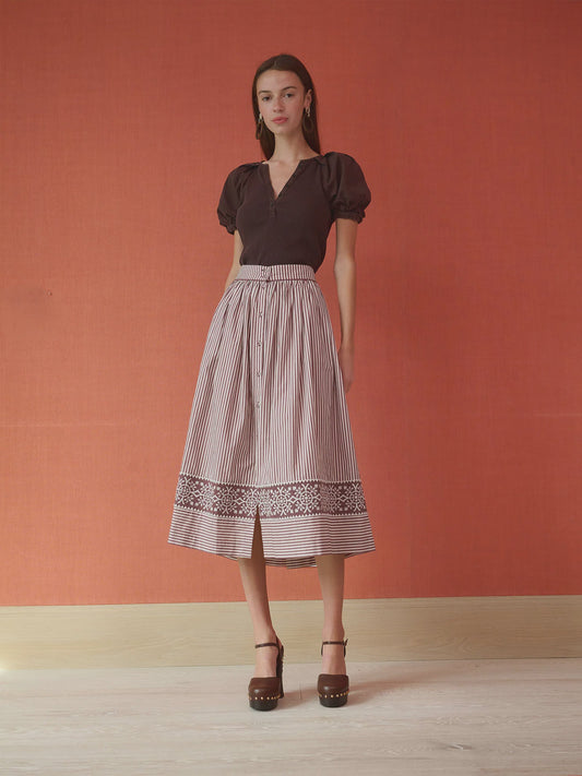 Colette Midi Skirt - Brown Stripe Embroidered