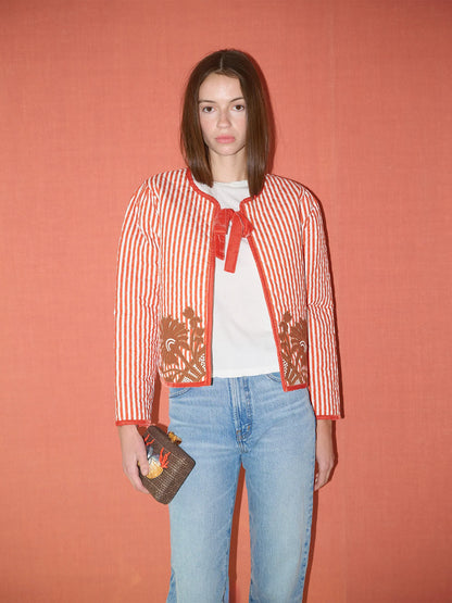 Quilted Henry Jacket - Terracotta Stripe
