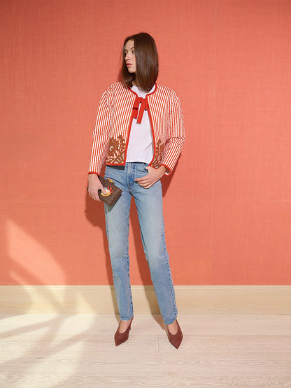 Quilted Henry Jacket - Terracotta Stripe