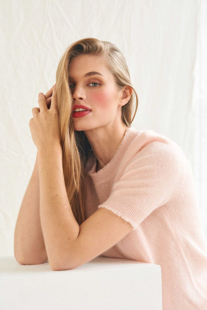 Cashmere Distressed T Shirt in Pale Pink