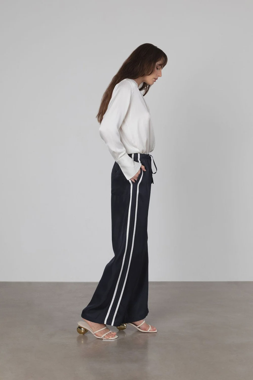 Navy Blue Silk Track Pants White Double Stripes