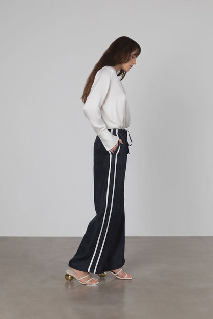 Navy Blue Silk Track Pants White Double Stripes