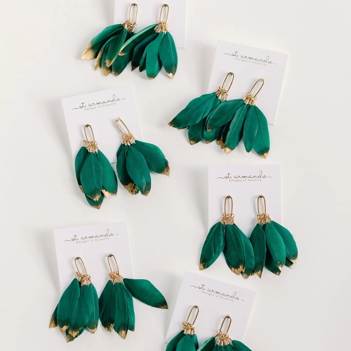 Emerald Gold Dipped Fall Feather Tassel Earrings