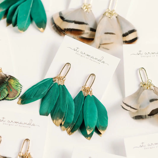Emerald Gold Dipped Fall Feather Tassel Earrings