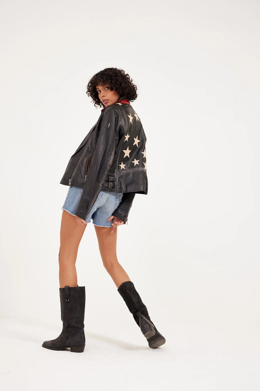 Christy RF Star Leather Jacket - Vintage Black