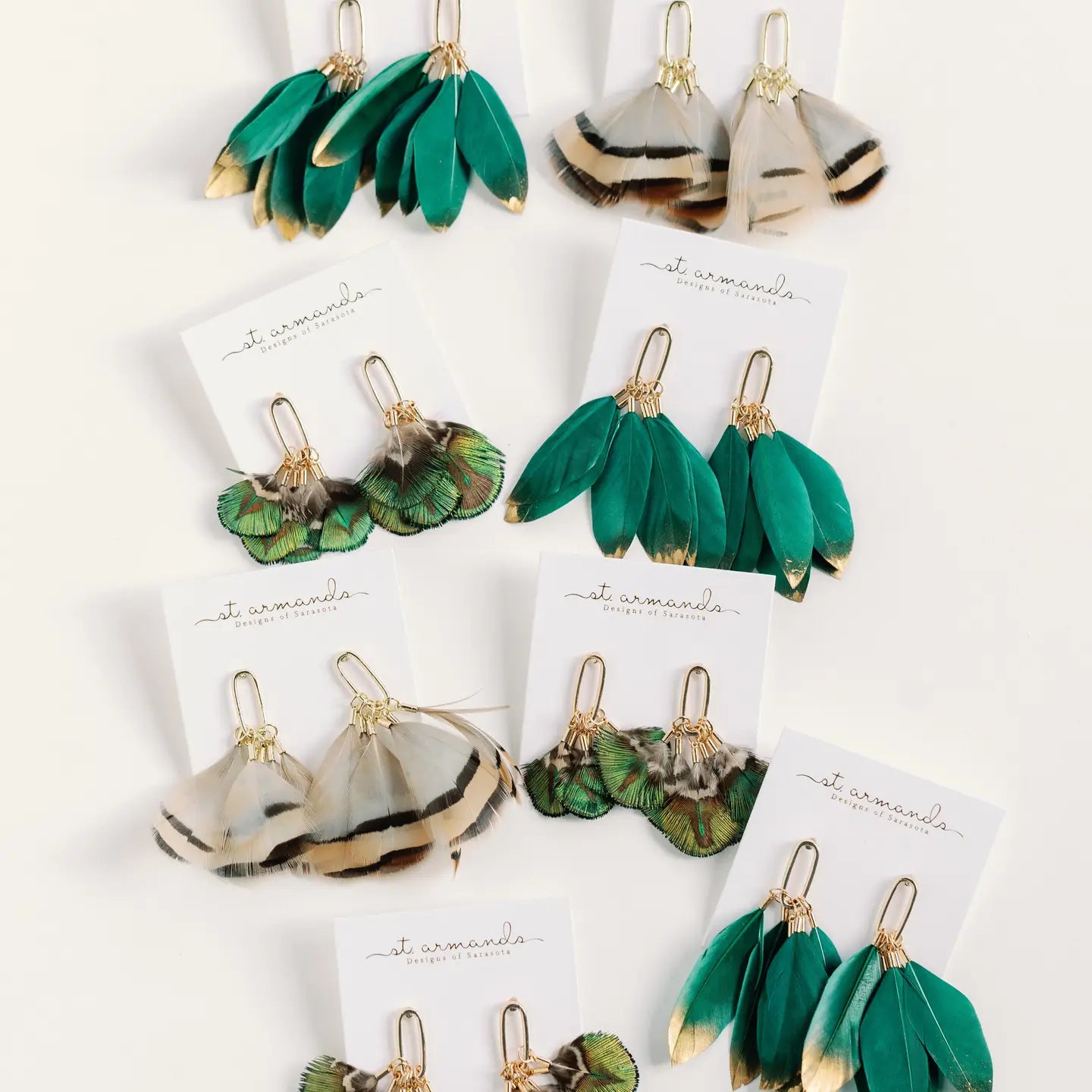Emerald Gold Dipped Fall Feather Tassel Earrings