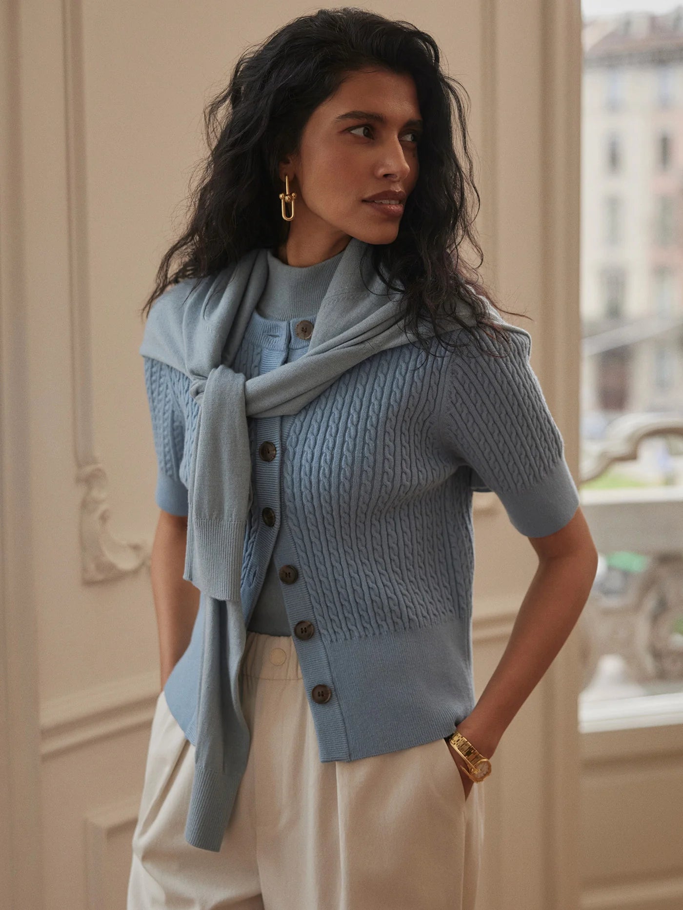 Rhys Short Sleeve Cardigan - Stoney Blue