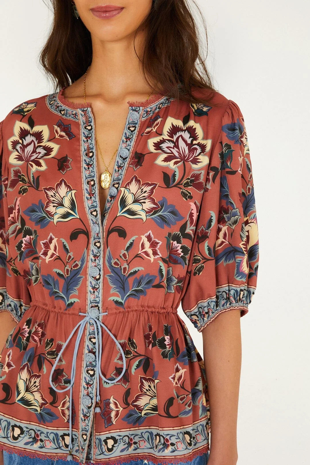 Floral Beauty Tapestry Drawstring Blouse