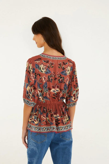 Floral Beauty Tapestry Drawstring Blouse