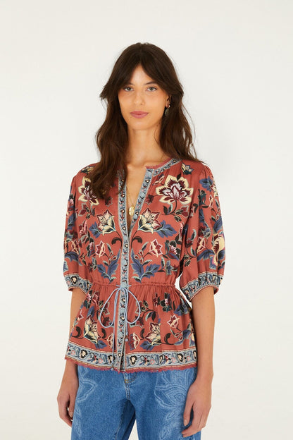Floral Beauty Tapestry Drawstring Blouse