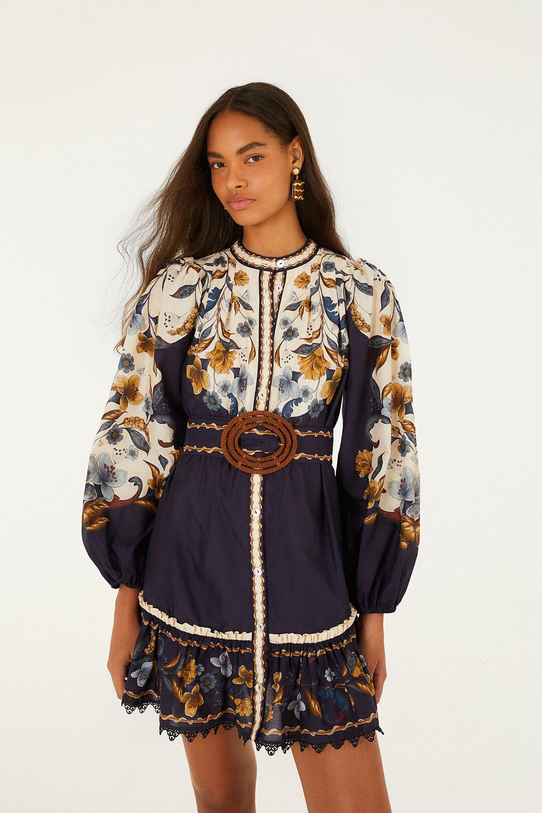Golden Nature Belted Long Sleeve Mini Dress