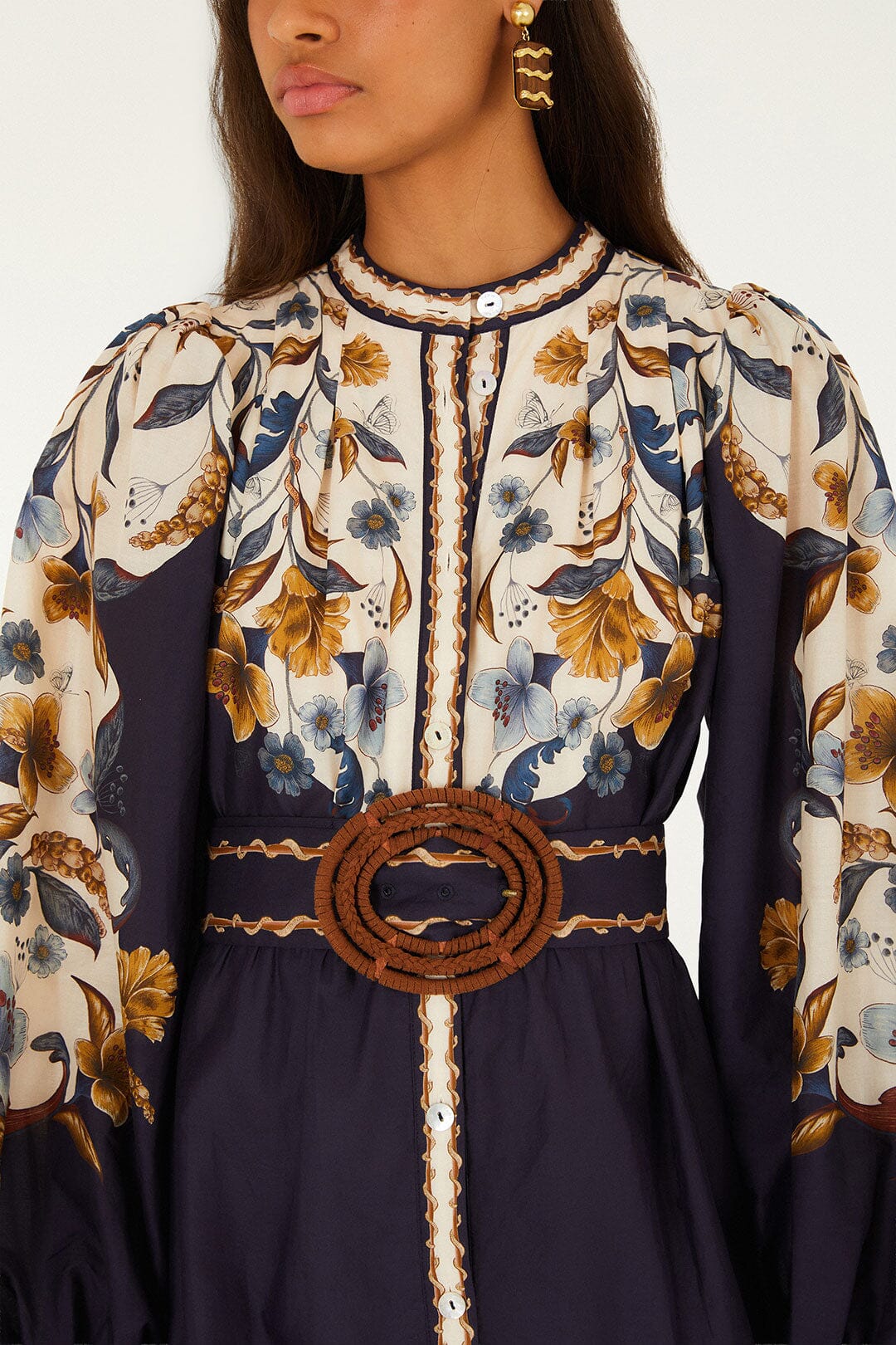 Golden Nature Belted Long Sleeve Mini Dress