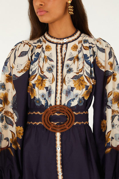Golden Nature Belted Long Sleeve Mini Dress