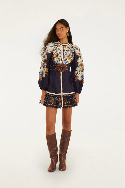 Golden Nature Belted Long Sleeve Mini Dress