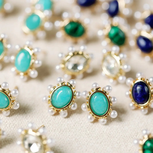 Turquoise and Pearl Oval Stud Earrings