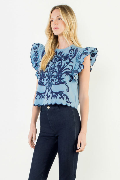 Bradley Embroidered Top - Blue