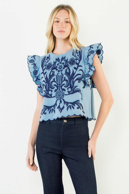 Bradley Embroidered Top - Blue
