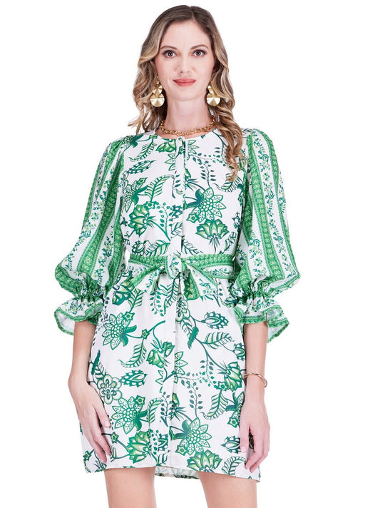 Jade Garden Border Scrunch Sleeve Dress