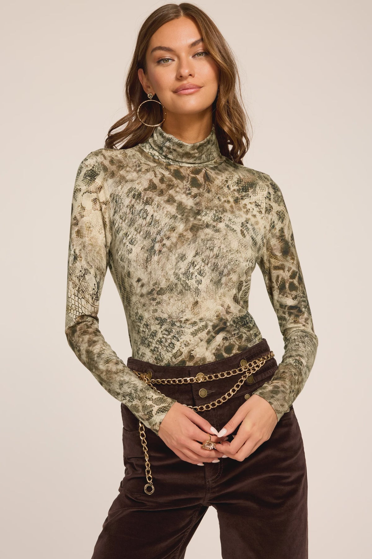 Thea Printed Knit Turtleneck Top