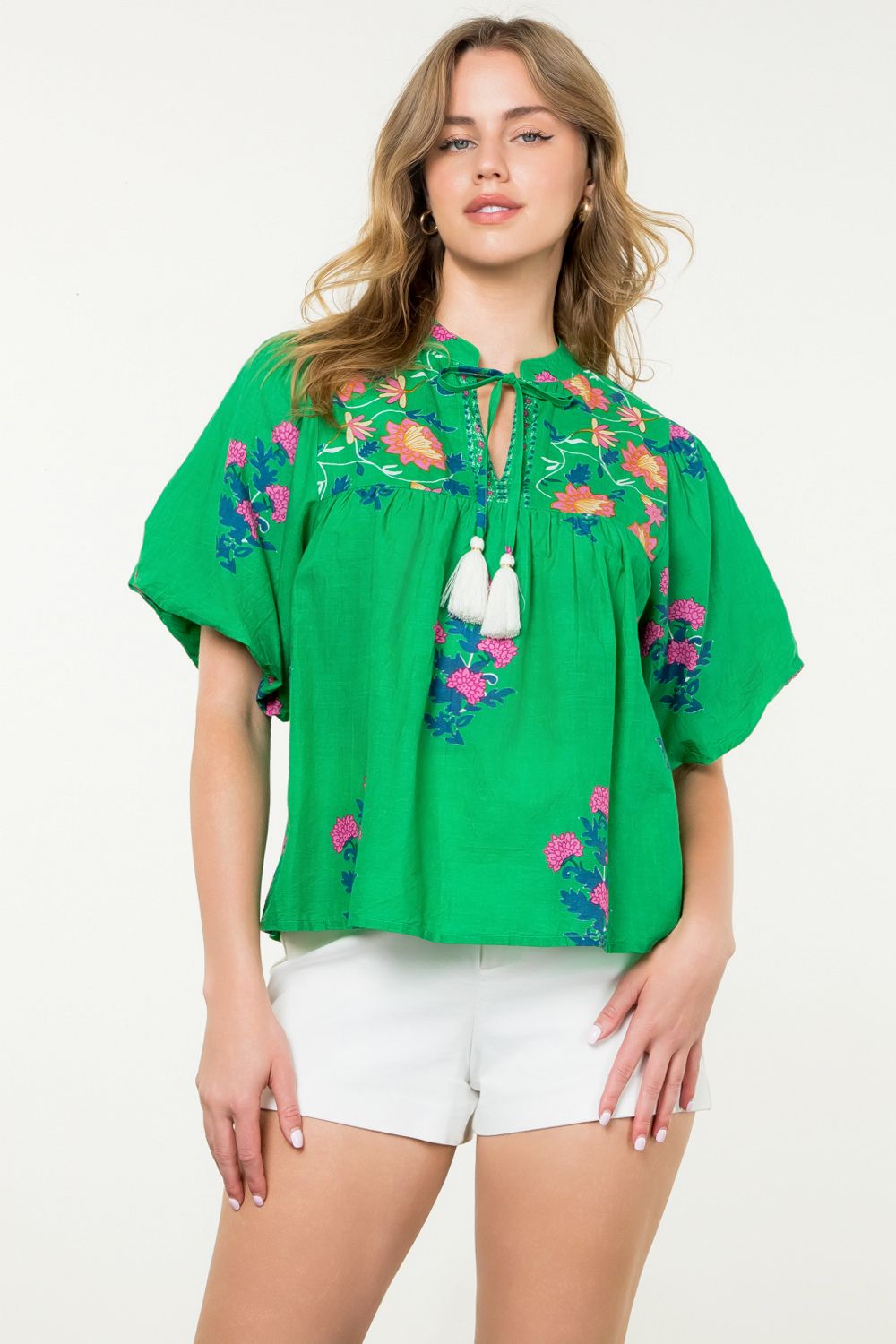 Puff Sleeve Tassel Tie Flower Top - Green