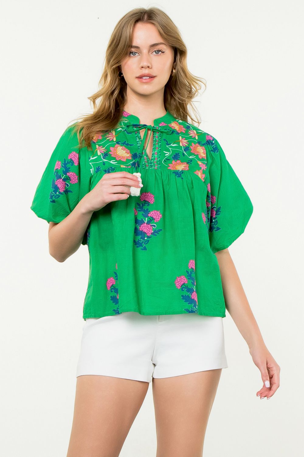 Puff Sleeve Tassel Tie Flower Top - Green