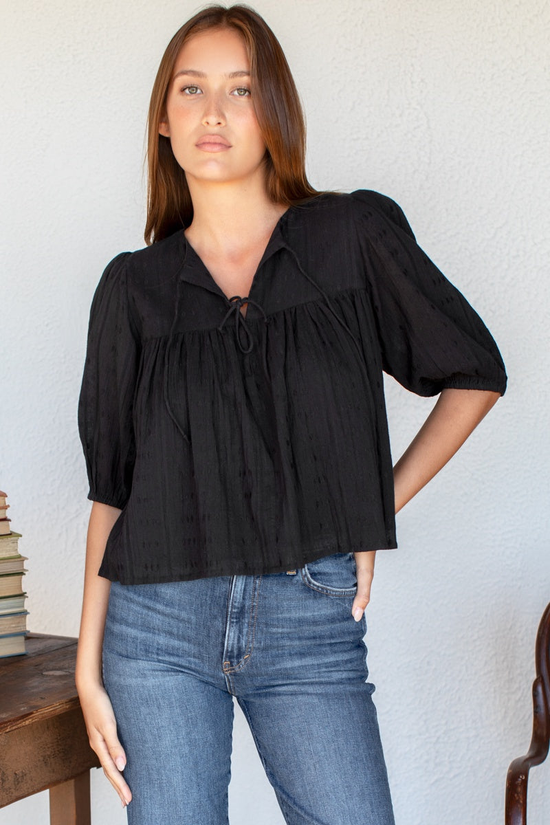 Puff Isla Top - Black Beauty Cotton Dobby Jacquard