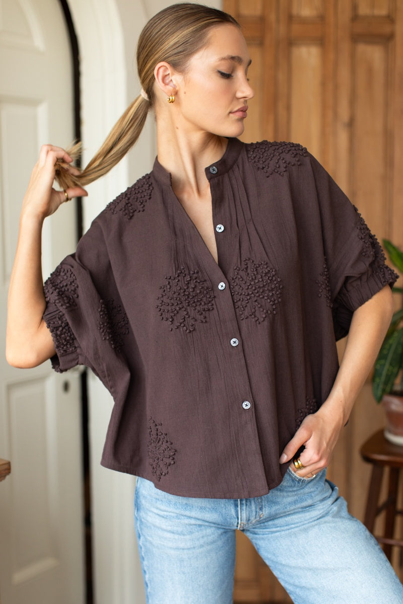 Mandarin Collar Top - French Knot Floral Vintage Chestnut