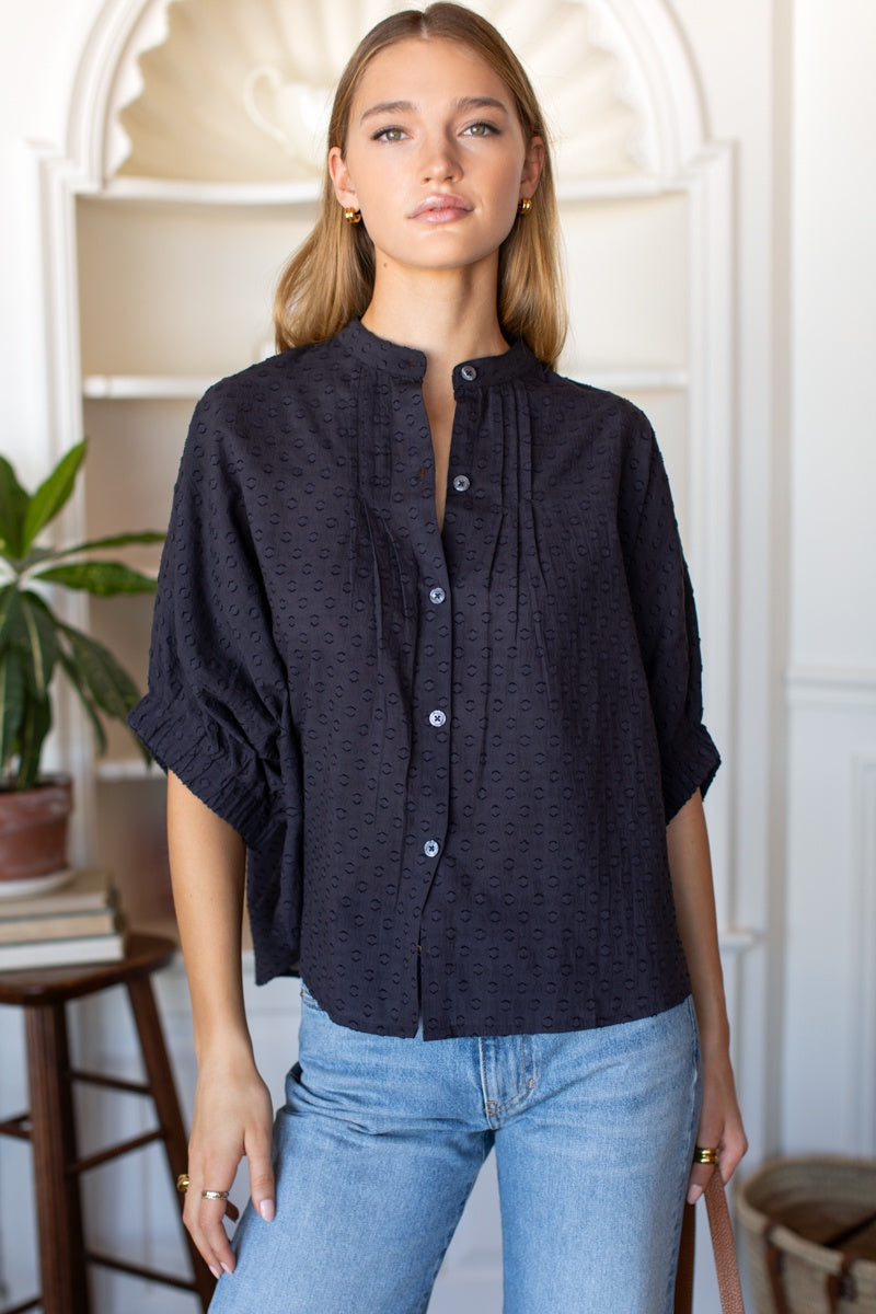 Mandarin Collar Top - Midnight Swiss Dots