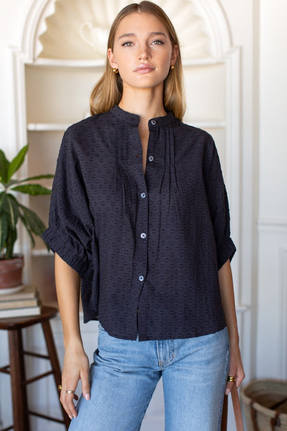 Mandarin Collar Top - Midnight Swiss Dots