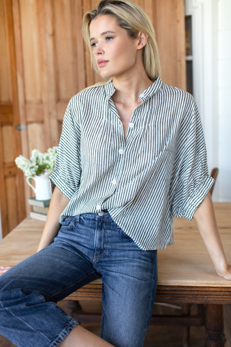 Mandarin Collar Top - Moss Stripe Organic