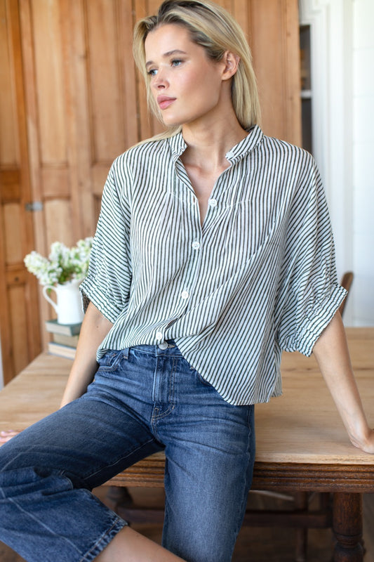 Mandarin Collar Top - Moss Stripe Organic